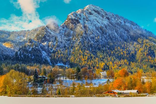 Road into snowy mountain and pine woods in bavarian Alps at autumn, Germany