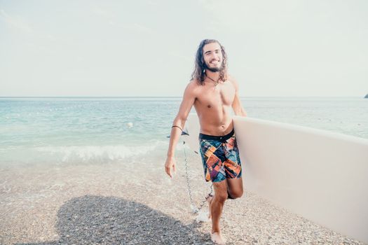 Asian man swimming in sea water and paddleboarding passing beautiful sea at summer sunset. Healthy strong male enjoy outdoor active lifestyle and water sports on holiday vacation