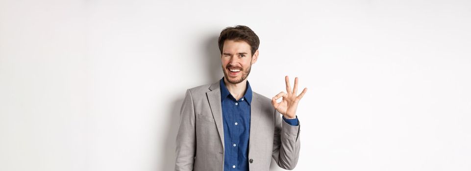 Everything okay. Cheerful businessman in suit winking and showing OK sign, smiling assertive, guarantee quality, praise good choice, standing on white background.