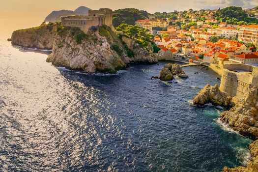 Dubrobvik medieval old town, turquoise adriatic beach in Dalmatia, Croatia