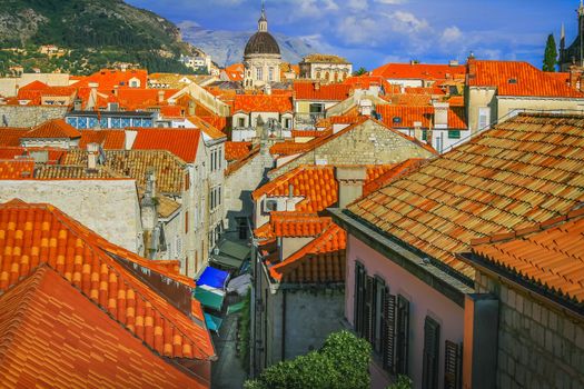 Dubrobvik medieval old town, turquoise adriatic beach in Dalmatia, Croatia