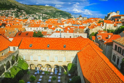 Dubrobvik medieval old town, turquoise adriatic beach in Dalmatia, Croatia
