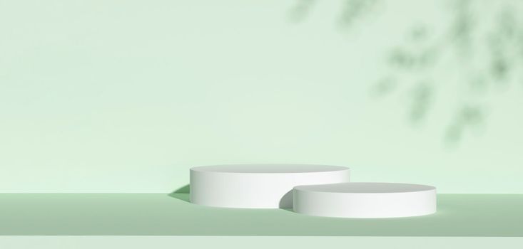 Panoramic of Double minimalist podium with natural light on eco green background for product display. Empty podium platform. 3D Rendering.