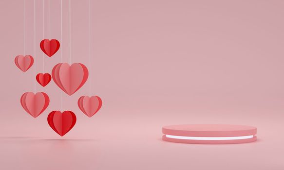 Paper cur Heart balloon floating with Neon podium. Happy Valentine's Day. Pink background. 3d illustration.