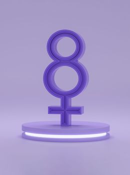 Cylinder podium with reflective lights with Venus or women sign on purple background. 3D rendering.