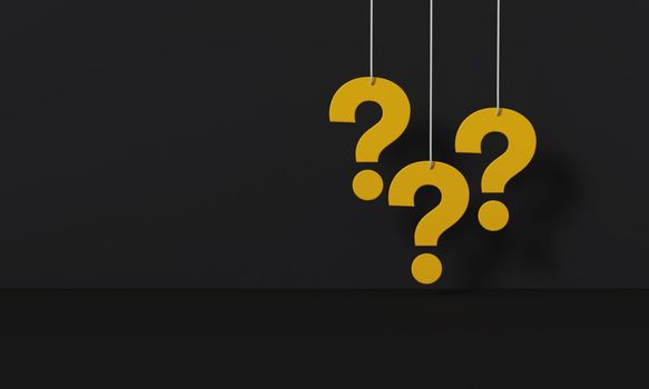 Three question marks yellow hanging on black wall background. 3D rendering.