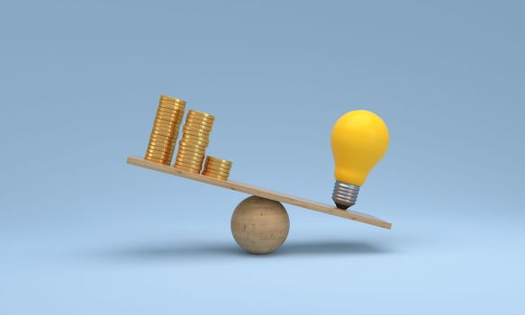 Coin stack compare light bulb idea on wood scale seesaw. Money gold coin compare balance with knowledge concept. 3d rendering.