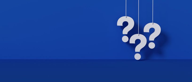 Three white question marks a blue wall panoramic background. 3D rendering.