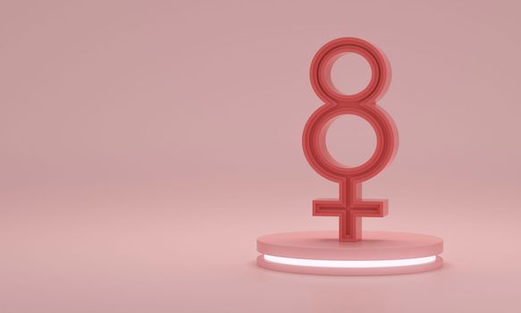 Concept of International Women's Day with female gender symbols. Pink female symbol on pink background. 8th March. 3D rendering.