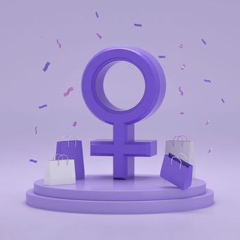 Female gender symbols with gift bags and confetti in a podium on purple studio background. 3D rendering.