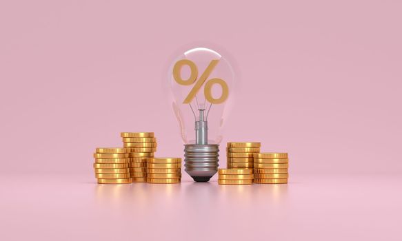 Light bulb with percent symbol isolated and Stacked Coin on pink background. 3d illustration.