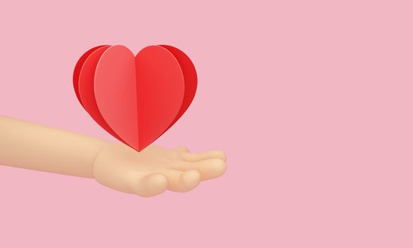 Hands holding a Paper cut red heart love. valentine romance concept on pink background. 3D illustration.