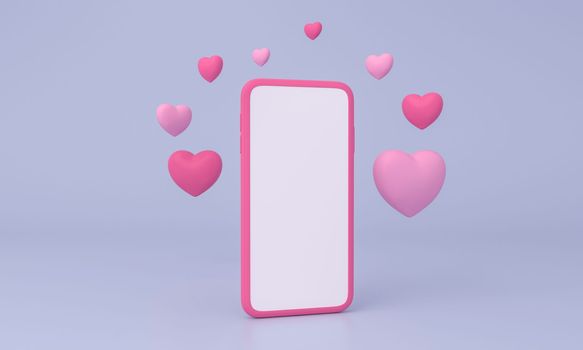 smartphone with heart around on purple background. Happy Valentine s Day, birthday. woman or mam day banner. 3D rendering.