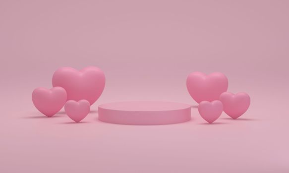 Podium with hearts on pink background. Celebrate special days. 3D rendering.