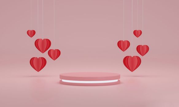 Neon podium with hearts around. Happy Valentine s Day, birthday. woman or mam day banner. 3D rendering