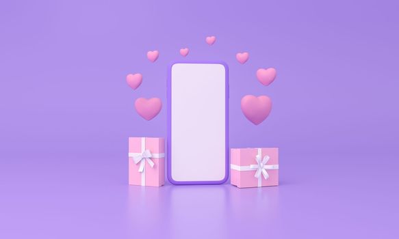 smartphone with heart and gifts around on purple background. Happy Valentine s Day, birthday. woman or mam day banner. 3D rendering.