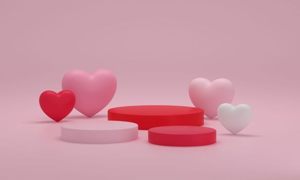 Podium with hearts on pink background. Happy Valentine s Day, birthday. woman or mam day banner. 3D rendering.