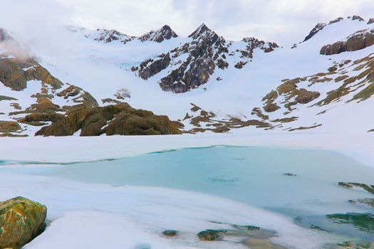 Melting frozen and peaceful lake, Andes landscape in Tierra Del fuego, Ushuaia, Argentina, South America