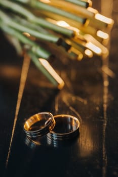 Designer wedding rings lying on the surface. Two wedding rings.