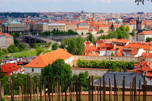 Prague medieval old town towers and domes at sunset, Czech Republic