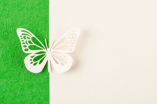 Butterfly made from carve paper or cutting on green and yellow background with empty space for your text or message.