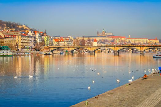 Prague medieval old town towers and domes at sunset, Czech Republic