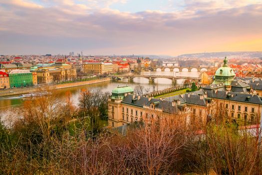 Prague medieval old town towers and domes at sunset, Czech Republic