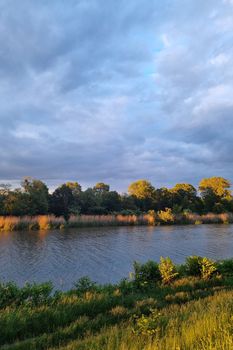 Beautiful little river at sunset. The background of nature