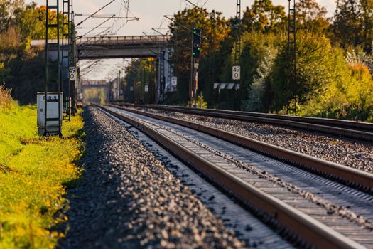 Track and rails with a bridge and a track bed with ballast