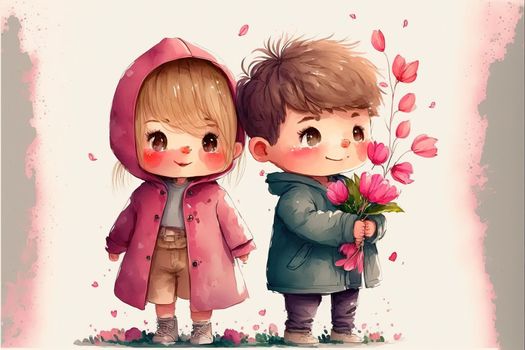 Cute boy and girl in love on romantic Valentine's day hand drawn cartoon style. Generative AI. Generative AI