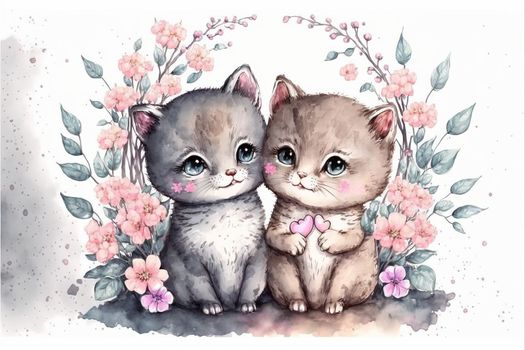 Cute little kitten in love on romantic Valentine's day hand drawn cartoon style. Generative AI Generative AI