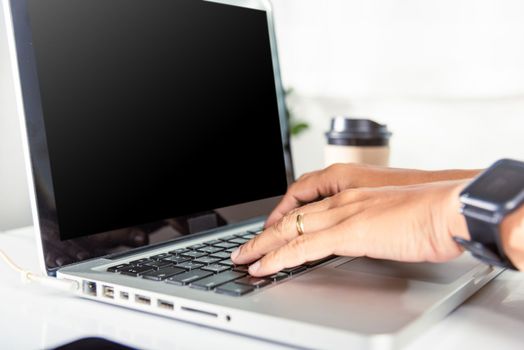 Typing keyboard. Close up Hands of business woman over laptop keypad during working at desk, female person text message for new project she remote work on computer, teen chat online with friend