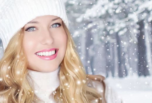 Winter holiday travel, lifestyle and fashion, beautiful happy woman and snowy forest, nature, ski resort and leisure activity outdoors Christmas, New Year and holidays portrait.