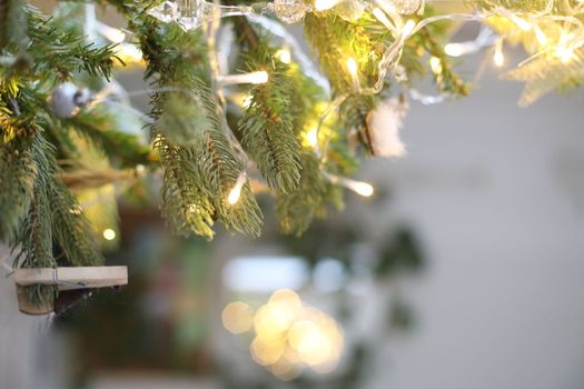 Christmas composition. New Year background. Christmas decoration hanging on tree.