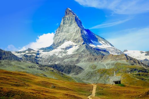 Matterhorn above zermatt pine trees woodland idyllic valley, Swiss Alps