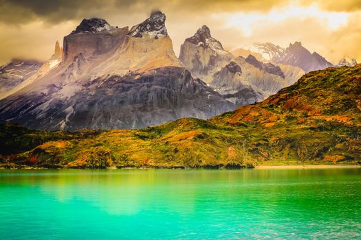 Horns of Paine and Lake Pehoe at dramatic sunset, Torres Del Paine, Patagonia, Chile