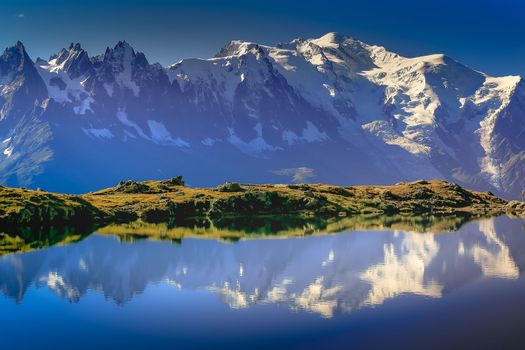 Mont Blanc and idyllic lake Cheserys reflection, Chamonix, French Alps at sunset