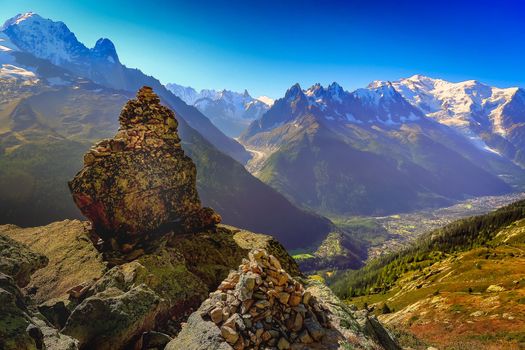 Mont Blanc massif idyllic alpine landscape countryside at sunny day, Chamonix, French Alps