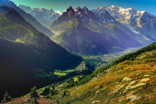 Mont Blanc massif idyllic alpine landscape countryside at sunny day, Chamonix, French Alps