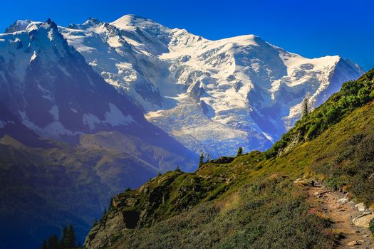 Mont Blanc massif idyllic alpine landscape countryside at sunny day, Chamonix, French Alps