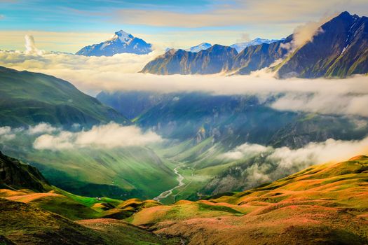 Mont Blanc massif idyllic alpine landscape countryside at sunny day, Chamonix, French Alps