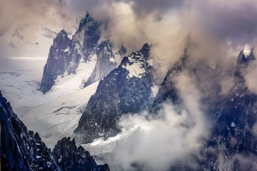 Mont Blanc massif idyllic alpine landscape countryside at sunny day, Chamonix, French Alps