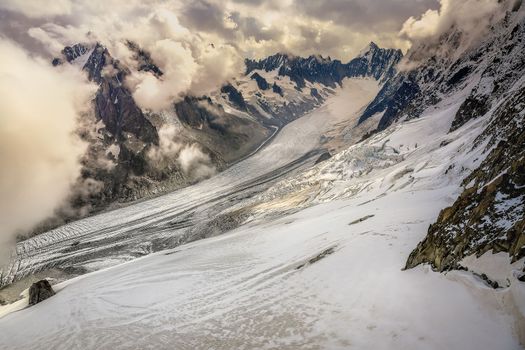 Mont Blanc massif idyllic alpine landscape countryside at sunny day, Chamonix, French Alps