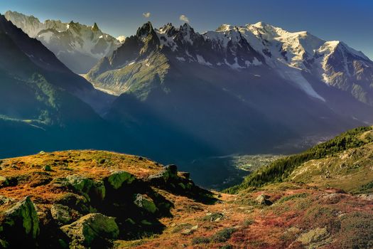 Mont Blanc massif idyllic alpine landscape countryside at sunny day, Chamonix, French Alps