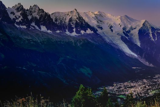 Mont Blanc massif idyllic alpine landscape at dramatic sunrise, Chamonix, French Alps
