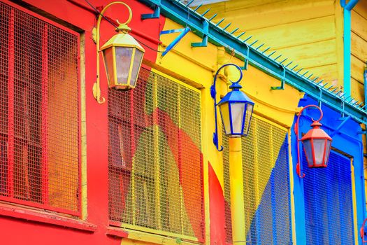 Colorful facade on Caminito Street of La Boca with street lamps, in Buenos Aires city, Argentina, South America
