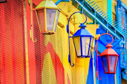 Colorful facade on Caminito Street of La Boca with street lamps, in Buenos Aires city, Argentina, South America