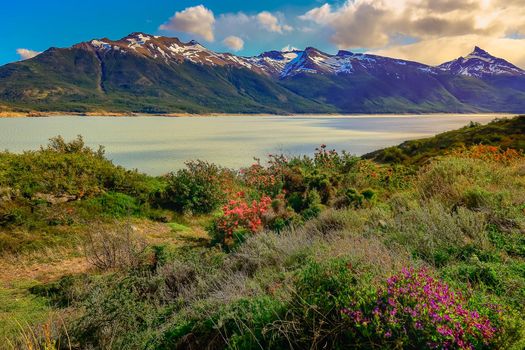 Snowcapped Andes and Lake Argentina near El calafate, Patagonia landscape, South America