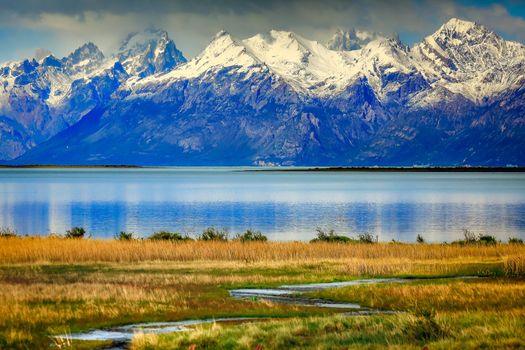 Snowcapped Andes and Lake Argentina near El calafate, Patagonia landscape, South America