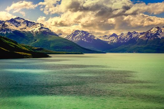 Snowcapped Andes and Lake Argentina near El calafate, Patagonia landscape, South America